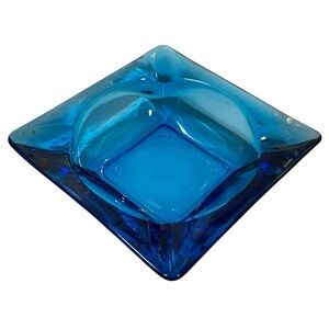 Vintage 1970s Anchor Hocking Laser Blue Glass Square Tapered Ashtray 4.5"